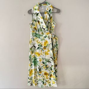 London Times yellow green floral sleeveless wrap dress